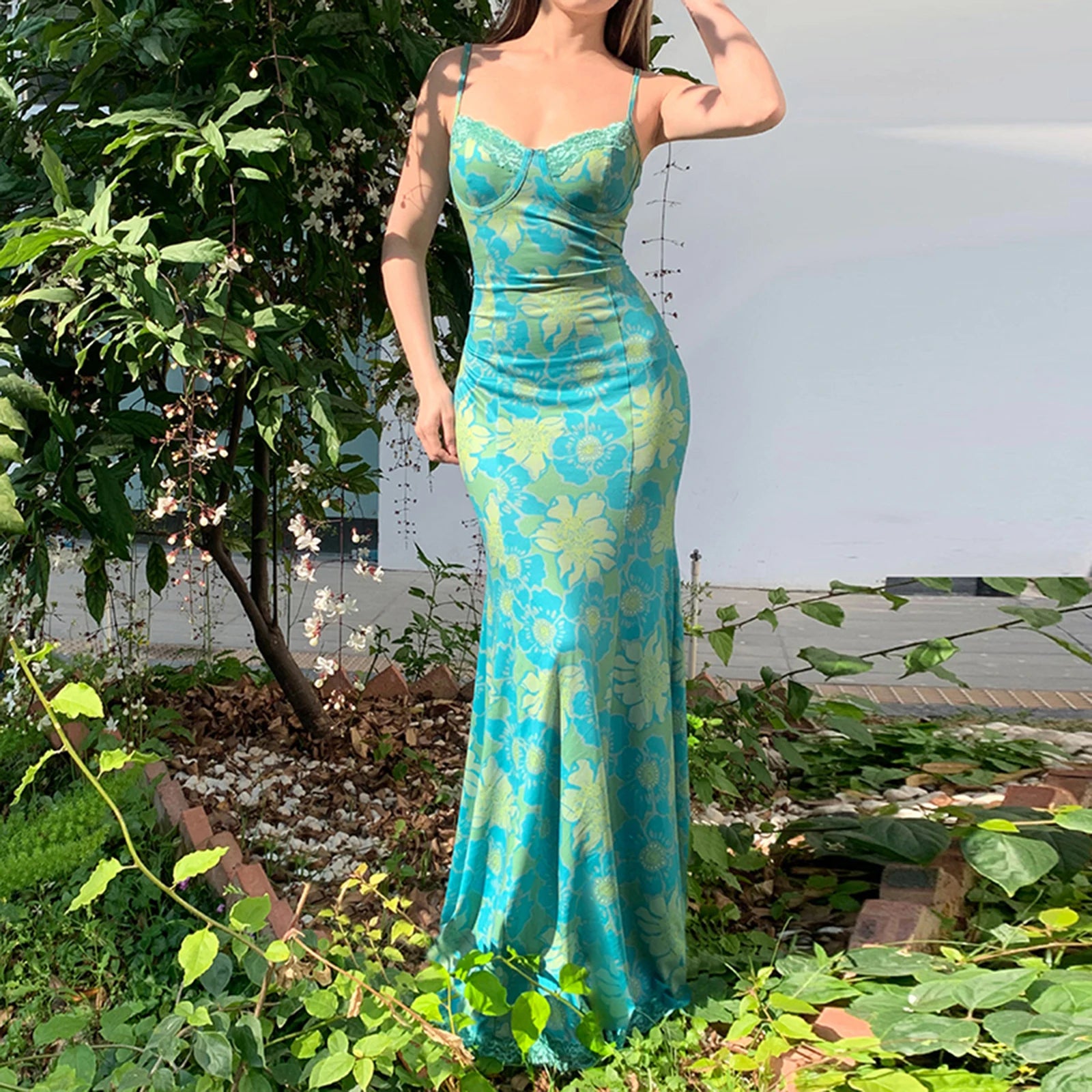 BXOXO Women Floral Spaghetti Strap Dress Slim Sweetheart Neck Sleeveless Long Bodycon Fishtail Dress for Party Club