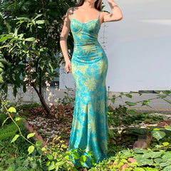 BXOXO Women Floral Spaghetti Strap Dress Slim Sweetheart Neck Sleeveless Long Bodycon Fishtail Dress for Party Club