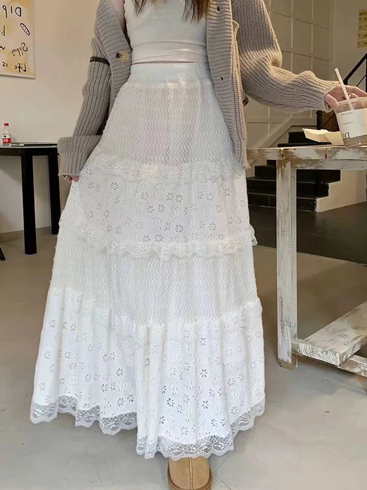 Bxoxo Elegant Lace Splicing Midi Skirt for Women Y2K Summer High Waist Chic Hollow Out A Line Skirts Korean Solid All-Match Long Skirt