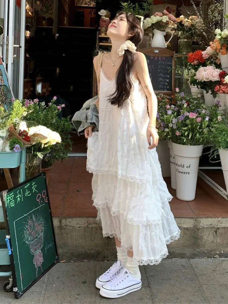 Bxoxo Lace Patchwork Camis Dress Women French Elegant Spaghetti Straps White Dress Y2K Summer Sweet Bohemia Femme A-Line Vestidos