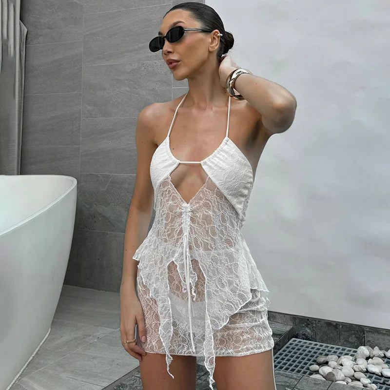 Mozision See Through Lace Hollow Out Sexy Two Piece Sets Women Halter Crop Tops And Mini Skirt Female Beach Club Skirt Sets