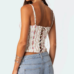 BXOXO Women Y2K Floral Mesh Cami Top Spaghetti Strap Low Cut Crop Top Flower Print Patchwork Sheer Mesh Tank Top
