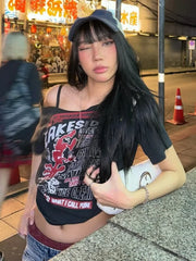BXOXO Gothic Tee Y2k Letter Print Off Shoulder Punk T-shirts Women Harajuku Summer Streetwear Grunge T Shirt Aesthetic Sexy Crop Tops