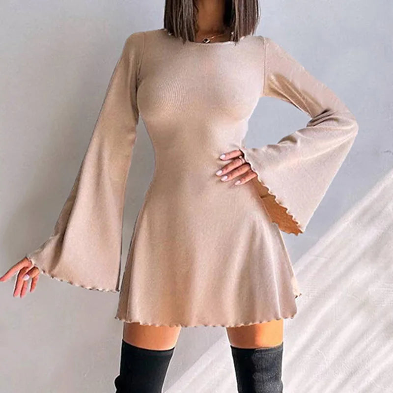 BXOXO Black Autumn Mini Dress Women Streetwear Fashion Lace-up Backless Sexy Flare Sleeve A-LINE Dress Casual Elegant Club Partywear