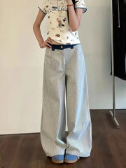 Bxoxo Blue Striped Patchwork Jeans Women Y2K High Waist Streetwear Embroidery Wide Leg Trousers Bf Korean Casual Straight Cowboy Pants