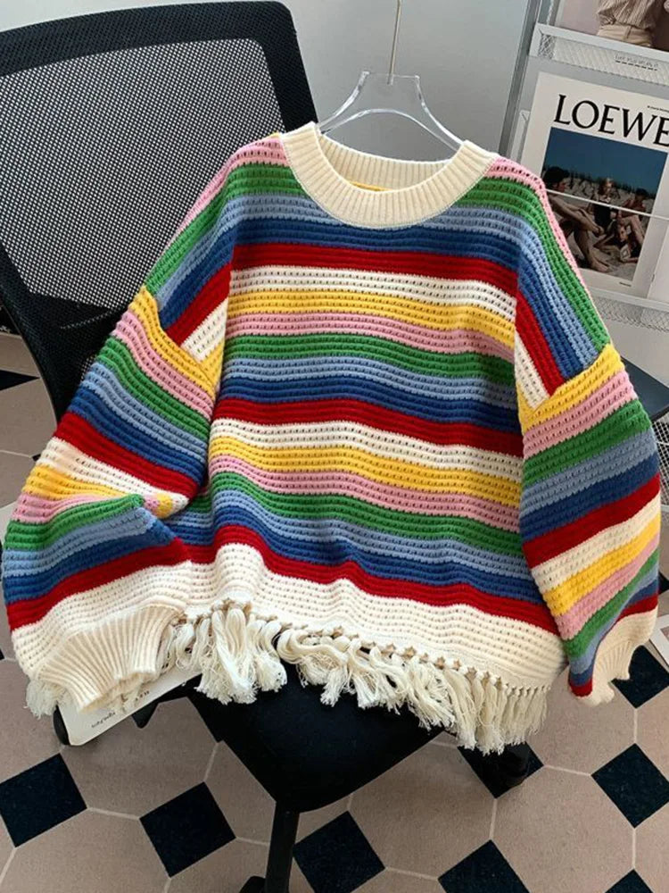 Bxoxo Sweet Rainbow Tassel Sweaters Women Vintage Cute Loose Long Sleeve Knitted Jumper Casual Retro O Neck Lady Hollow Out Pullovers