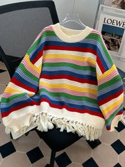 Bxoxo Sweet Rainbow Tassel Sweaters Women Vintage Cute Loose Long Sleeve Knitted Jumper Casual Retro O Neck Lady Hollow Out Pullovers