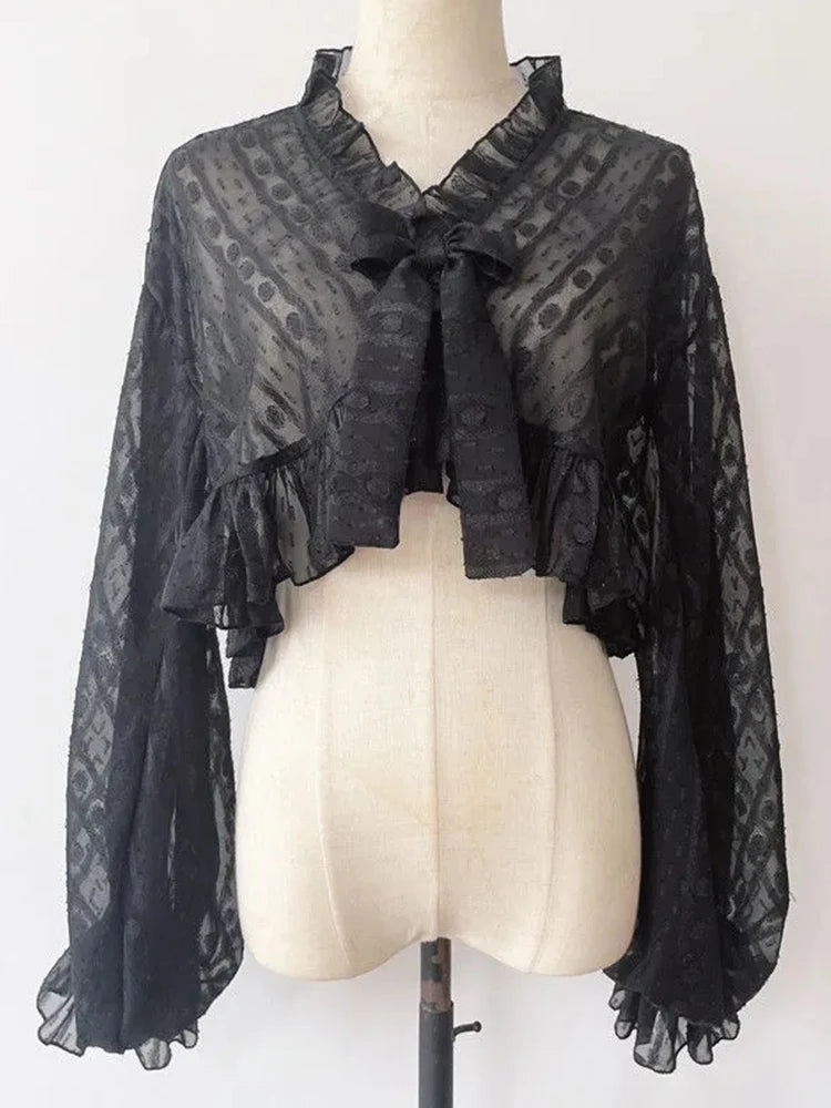 Bxoxo Lolita Sweet Sun Proof Shirt Women Cute Bow Lantern Sleeve Cropped Blouse Japan Kawaii Casual Elegant Jk Open Stitch Tops