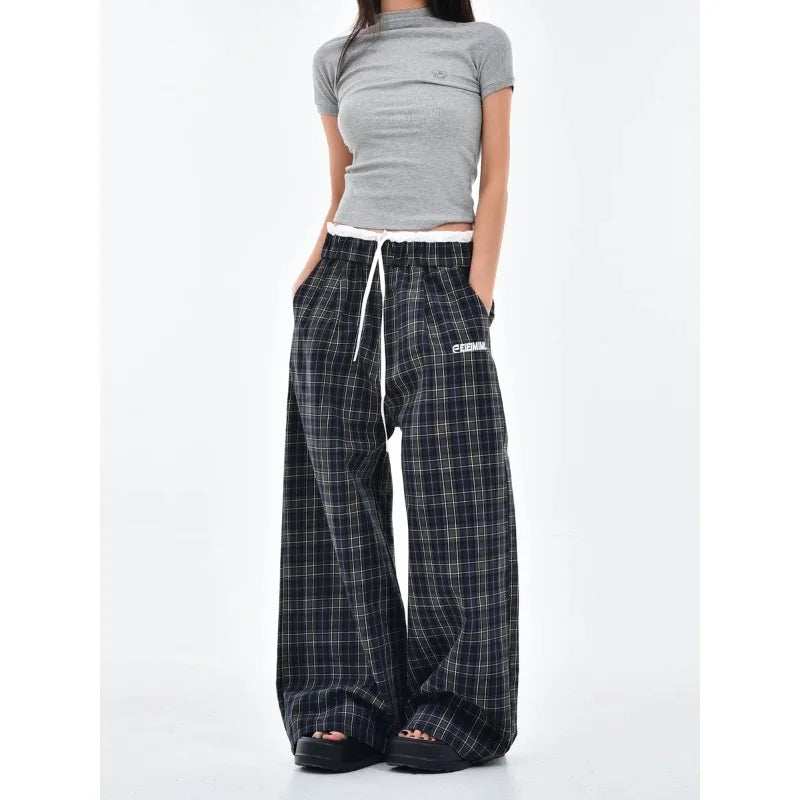 Bxoxo Y2k Vintage Plaid Women's Sweatpants Patchwork Harajuku American Retro Pants Baggy Wide Leg Hip Hop Trousers Autumn