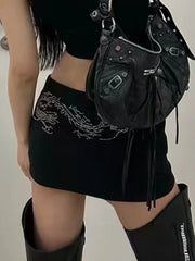 BXOXO Beaded Black Low Waist Skirt for Women Fashion Street Hot Girl Slim Fit Hip Skirt American Retro Simple Versatile Y2K Skirt