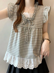 BXOXO Lace Patchwork Plaid Shirt Women Casual Loose Flying Sleeve Vintage Blouse Preppy Style Sweet Korean Lady Retro Summer Tops