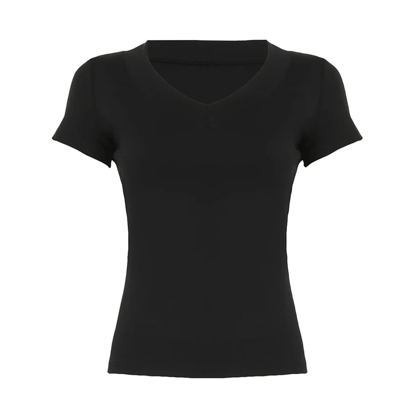 BXOXO Solid V-neck Skinny Cropped Top Summer Basic Short Sleeve Slim-fitting T-shirts Women y2k Aesthetic Tee Casual Streetwear