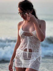 Mozision See Through Lace Hollow Out Sexy Two Piece Sets Women Halter Crop Tops And Mini Skirt Female Beach Club Skirt Sets