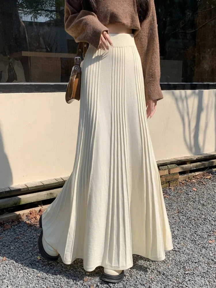 Bxoxo Knitted Long Pleated Skirt Autumn and Winter Elegant Temperament Skirts for Women Fashion Versatile High-waisted Long Skirt