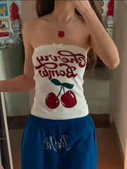 BXOXO Classic Cherry Letter Print Tube Tops Women Bow High Elasticity Skinny Summer Trend Simple Versatile Daily Girly Clothes