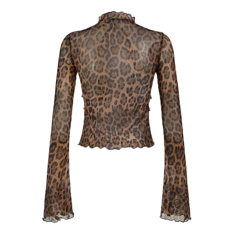 Bxoxo Leopard Shirt y2k Clothing Women Front Tie-up Ruffled Trim Flared Long Sleeve Mesh Blouse Top Grunge Clothes Streetwear