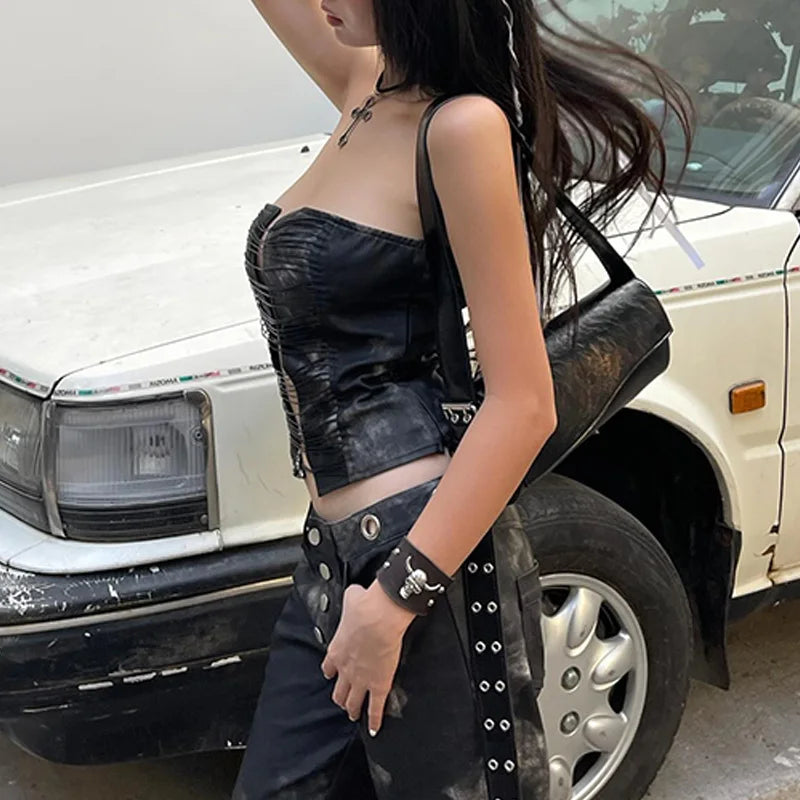 Bxoxo Sexy Wrapped Chest Vest Women's Off Shoulder Black Fashion Top Aesthetic Bandage High Street Party Women's Top
