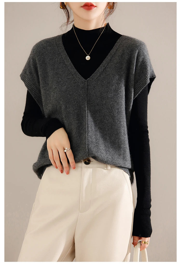 Bxoxo Cashmere Vest Ladies New 100%Pure Wool Knit Waistcoat Spring V-Neck Large Size Sweater Wild Sleeveless Vest Solid Loose Top