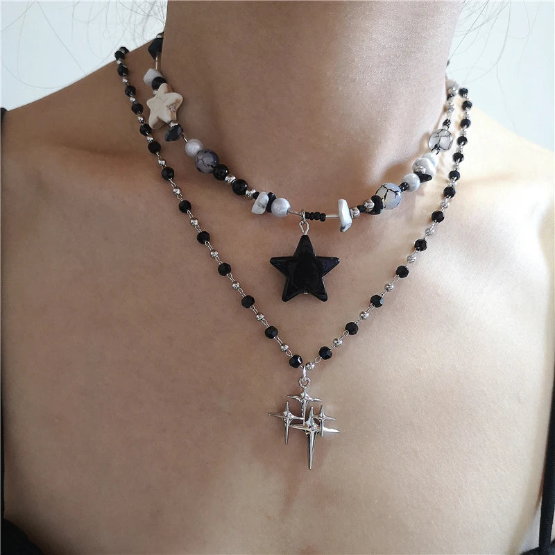 BXOXO Kpop Goth Vintage Cool Y2K Star Pendant Beaded Silver Color Chain Necklace For Women Men Aesthetic Grunge EMO Jewely Accessory
