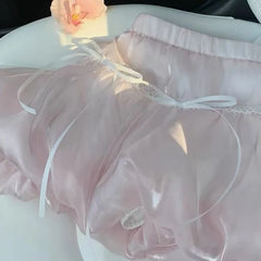 Bxoxo Fairycore Sweet Mini Skirt Women Pink Y2k Coquette Elegant Bow Short Skirts Kawaii Lace Patchwork Puffy Ruffle Skirts