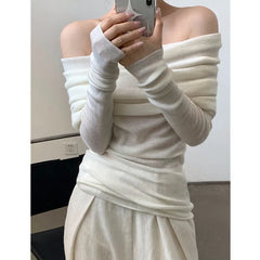 BXOXO Women Slash Neck Sweater Long Sleeve Knitwear Solid Off Shoulder Autumn Thin Pullovers Office Lady Elegant Tops