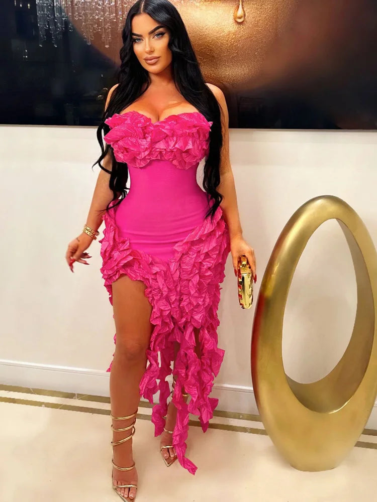 BXOXO  Women Summer Strapless Ruffles Tassel Dress Girls Glamour Red Flower Irregular Party Dress Celebrities Outfits Clubwear