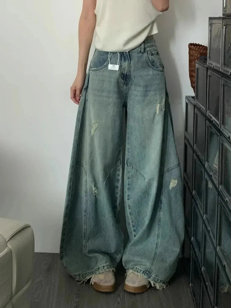 Bxoxo Streetwear Women Hole Jeans Summer High Waist Loose Washed Wide Leg Pants Bf Harajuku Hip Hop Patchwork Tassels Denim Trousers