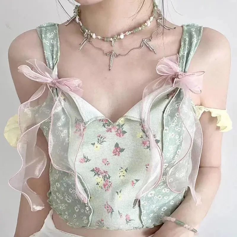 BXOXO French Style Outer Weartank Women's Cropped Top Spring Summer Printing Spandex Material Bow Decoration Strap Vest