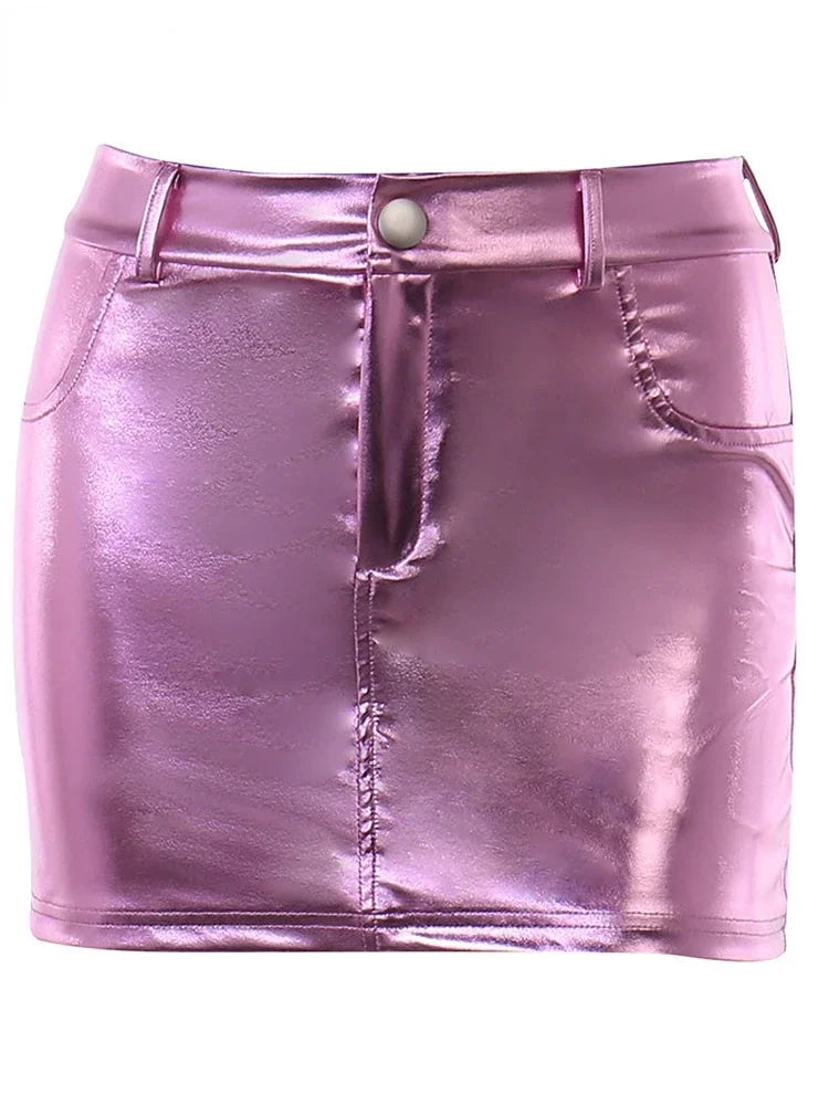 Bxoxo Summer Autumn Pink Silver Reflective Shiny Patent Leather Mini Skirts for Women High Waist A Line Short Sexy Y2K Clothes