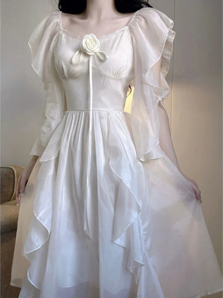 BXOXO Elegant White Dress Women Fairy Dresses Summer Chiffon Vintage Female Sundress Ruffles Holiday Style Fashion Robe