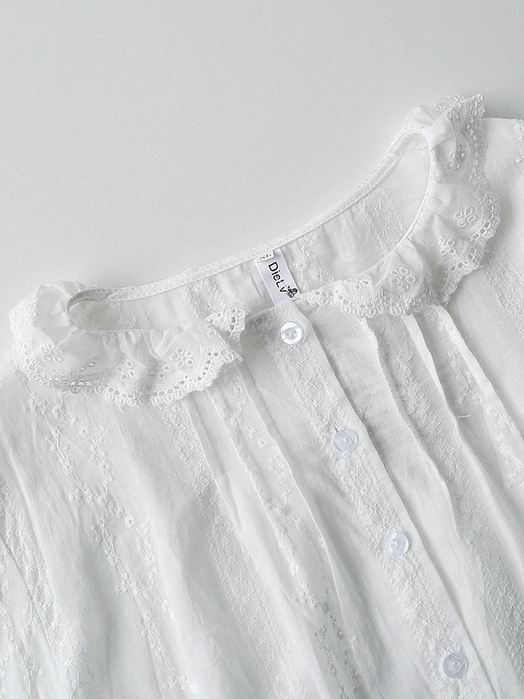 Bxoxo Flower Embroidery Blouses Lace Trim O-Neck Long Sleeve Blouse Spring Vintage Female Elegant Casual French Shirts Women Clothes