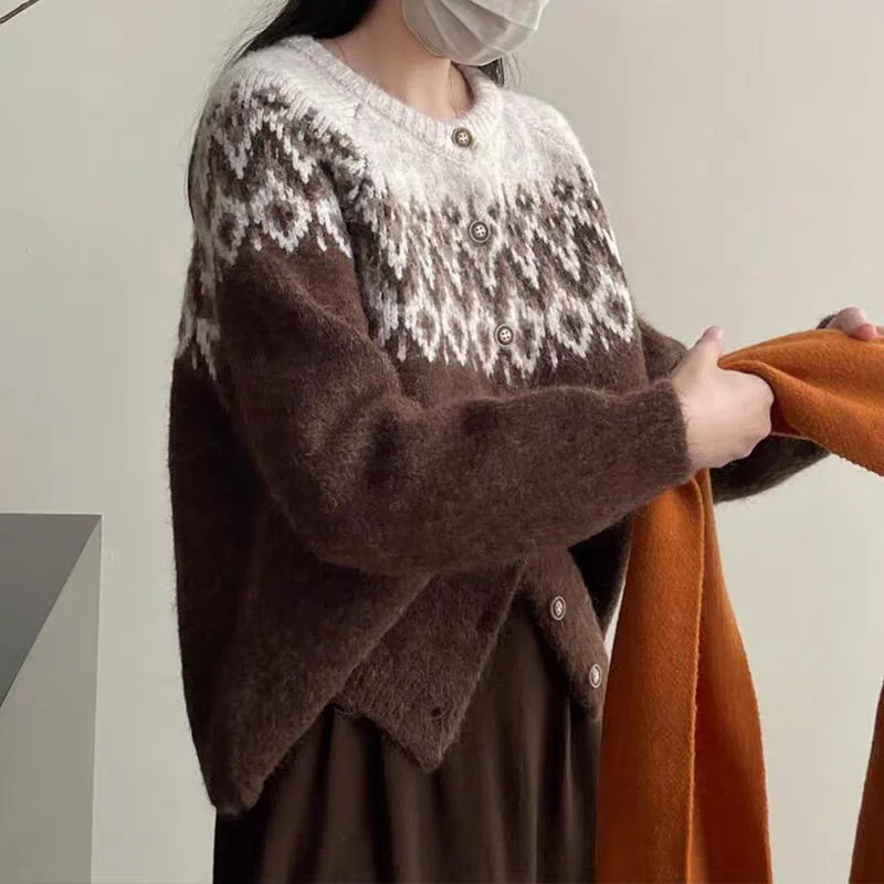 Bxoxo Vintage Fair Isle Knitted Cardigan for Women Cozy O-Neck Button Down Sweater Jacket Fall Winter Korean Style Christmas Sweater