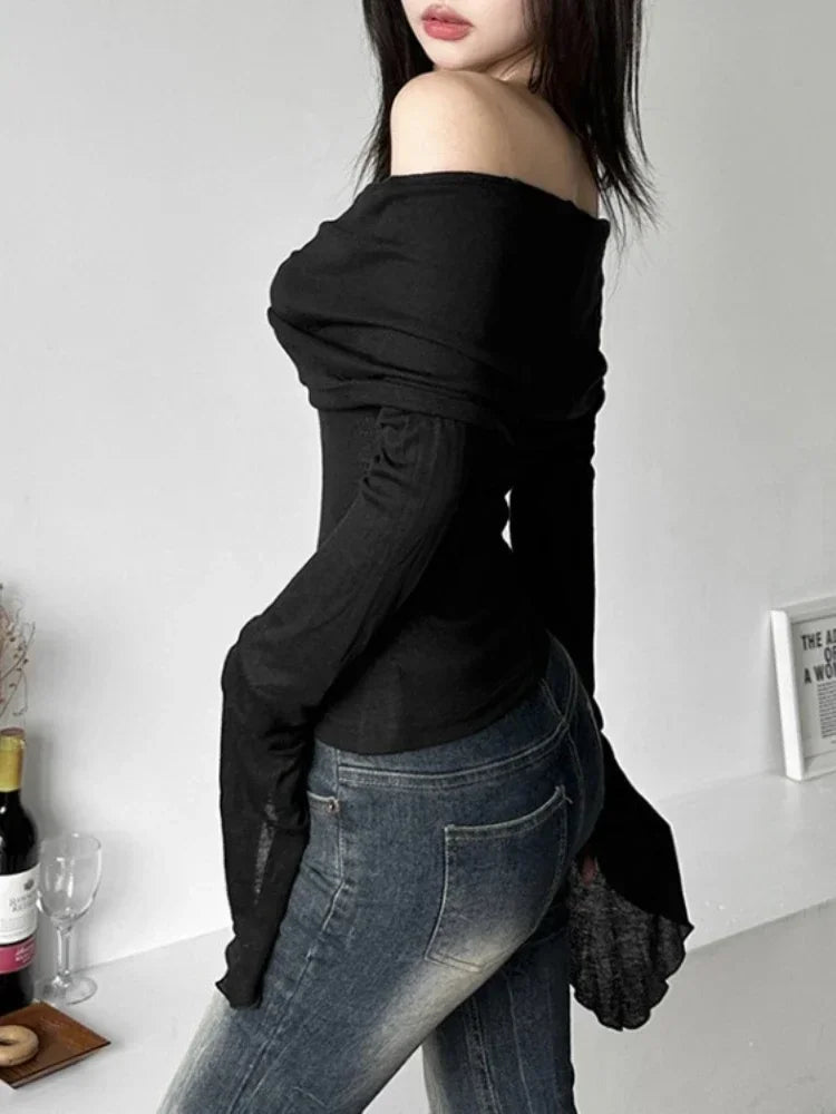 Bxoxo Y2k Aesthetic Women Translucence Tee Shirts Slash Neck Long Sleeve Solid Casual T-Shirts Vintage Off Shoulder Sexy Cute Tshirts