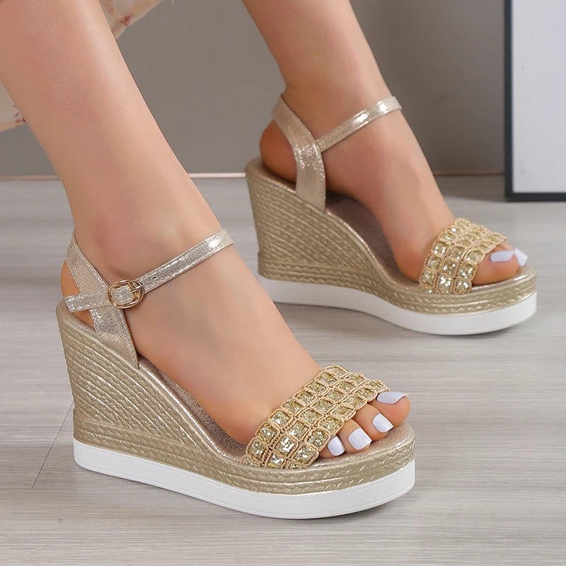 BXOXO Gold Silver Glitters Wedge Sandals Women Buckle Strap Chunky Platform Sandles Woman Summer Non-Slip Thick Sole Sandalias Mujer