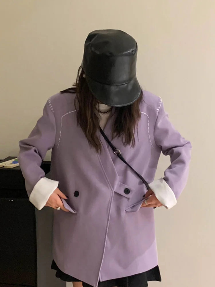 Bxoxo Streetwear Loose Purple Blazer Women Long Sleeve Casual Oversize Suit Coats Fashion Fall New Korean Female Design V Neck Outwear