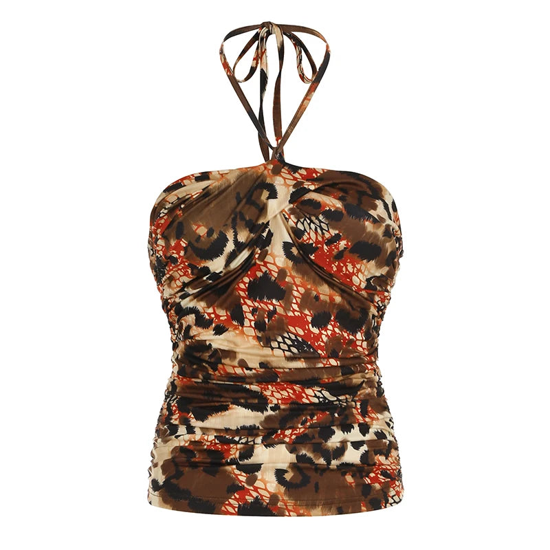 BXOXO Vintage Floral Print Backless Camis y2k Aesthetic Sleeveless Skinny Lace-up Halter Crop Top Women Summer Holiday Tee Lady