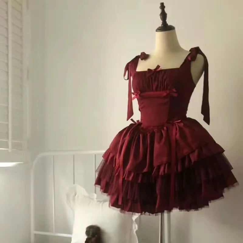 Bxoxo Victorian Sweet Lolita Dress Women Kawaii Bowknot Print Ruffles Party Mini Dresses Japanese Vintage Elegant Mesh Princess Dress