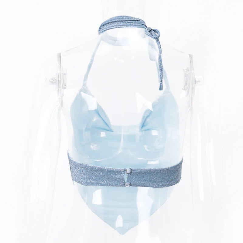 Bxoxo Y2K Shinny Backless Tank Top Sexy Deep V-neck Bandage Halter Crop Tops Aesthetic Irregular Shape Skinny Slim Women Camis