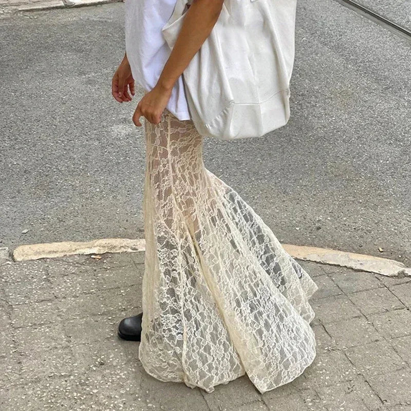 Bxoxo Two Layer Lace Trumpet & Mermaid Long Skirts For Women Vintage Elegant Fashion High Waist Skirt Holiday Outfits