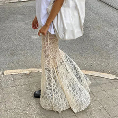 Bxoxo Two Layer Lace Trumpet & Mermaid Long Skirts For Women Vintage Elegant Fashion High Waist Skirt Holiday Outfits