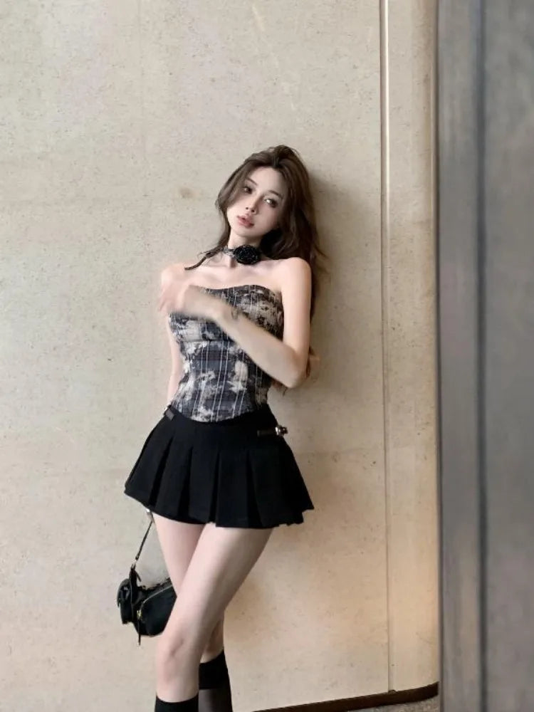 BXOXO Fashion Sweet Plaid 3D Flower Strapless Vest for Women 2025 Summer Irregular Slim Fit Tank Top Y2k Grunge Camisole Mujer
