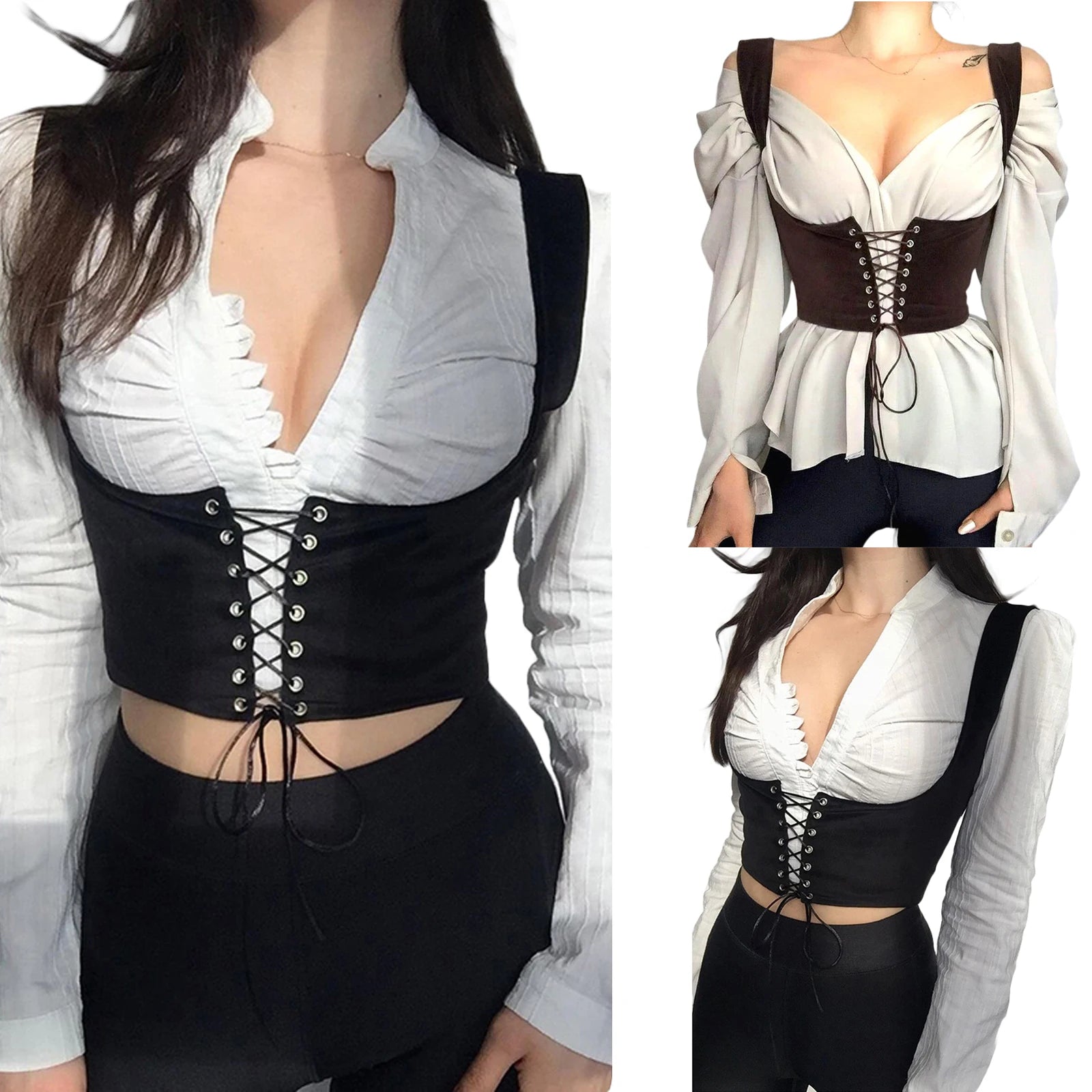 BXOXO Vintage Women Bustier Corset Underbust Lace-up Suspender Crop Tops Cami Vest Waist Bodyshaper Tank Cummerbunds Y2K