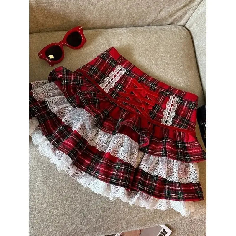 BXOXO Kawaii Ruffle Lace Plaid Skirts Women Sweet Elegant Mini Skirt Cutecore Autumn Winter Patchwork A-line Short Skirts