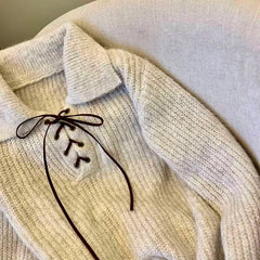 Bxoxo Lapel Lace Up Knitted Sweater for Women Autumn Loose Thick Warm Casual Pullovers Korean Long Sleeve All Match Jumpers Mujer