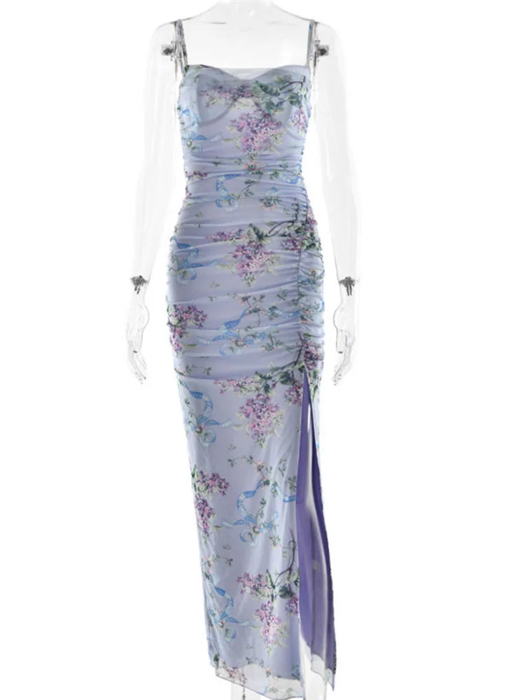 BXOXO Blue Floral Print Mesh Maxi Dress For Women Gown Zipper Spaghetti Strap Sleeveless Backless Split Club Party Long Dress