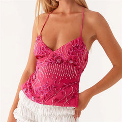 BXOXO Sequin Halter Crop Tops for Women Y2k Pearl Embellished Cami Tops Summer Glitter V Neck Rhinestone Camisole Tank Shirt