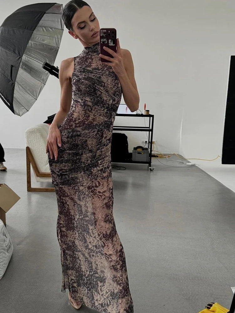 BXOXO Ink Print Dress Women See Through Patchwork Pleated Sleeveless High Neck Sexy Midnight Summer Trend Club Party Vestidos