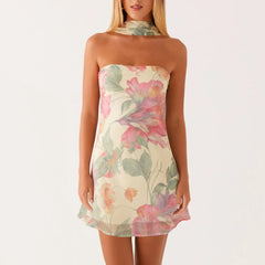 BXOXO Women's Strapless Neck Scarf Floral Dresses Bodycon Open Back Short Mini Dress Fitted Flower Sundress Summer Holiday
