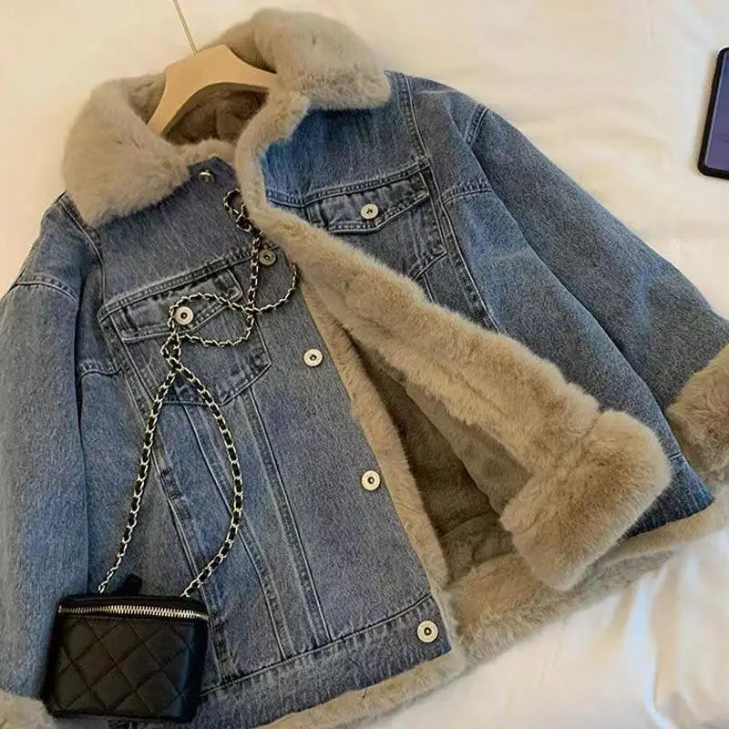 BXOXO Jean Jacket For Women Autumn And Winter New Retro Lamb Wool Casual Loose bf Plush Thick Casual Style Overcome Women Denim Coat