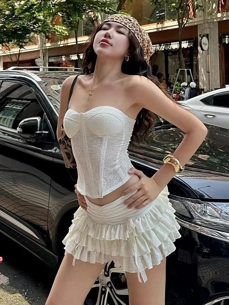 BXOXO Sweet Ruched Elegant 2 Piece Set Women Summer Trend Jacquard Strapless Tops+Tierred Skirts Sweet Girl Fashion Outfits
